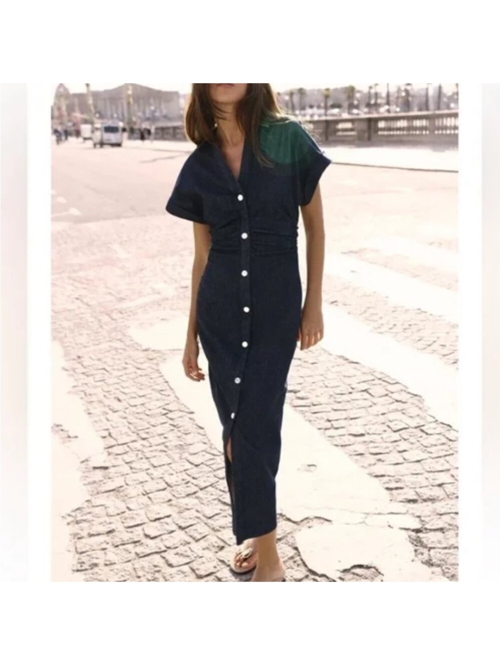 New ZARA Classic Black Button-Front Midi Dress - Picture 2 of 4